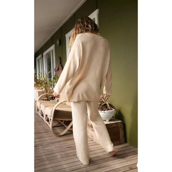 FREE PEOPLE Beach Malibu Solid Sweater Pants Surf Set Size XS Beige Stretch NEW - Picture 2 of 14